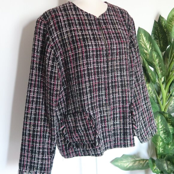Chico’s Black Pink Tweed Plaid Jacket Blazer Office Career Fall Winter L Large - Picture 3 of 15